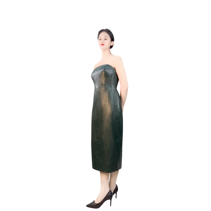 D339 Women croc embossed faux-leather strapless tight fit tube dress
