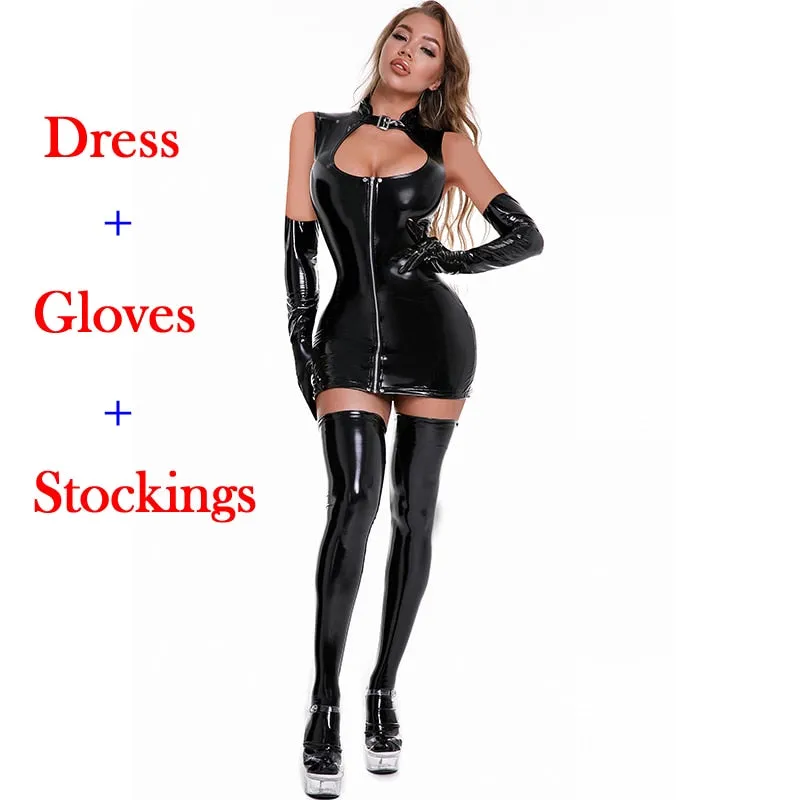 Elastic Bodycon Hollow Out Sleeveless Nightclub Costume Clubwear Street Wear Women Shiny PVC Leather Dresses