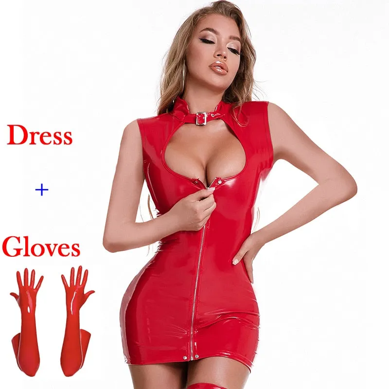 Elastic Bodycon Hollow Out Sleeveless Nightclub Costume Clubwear Street Wear Women Shiny PVC Leather Dresses