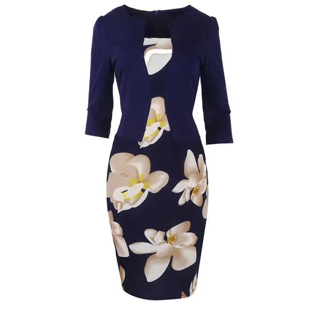 Fantaist Women One Piece Patchwork Floral Print Elegant Business Party Formal Office Plus Size Bodycon Pencil Casual Work Dress