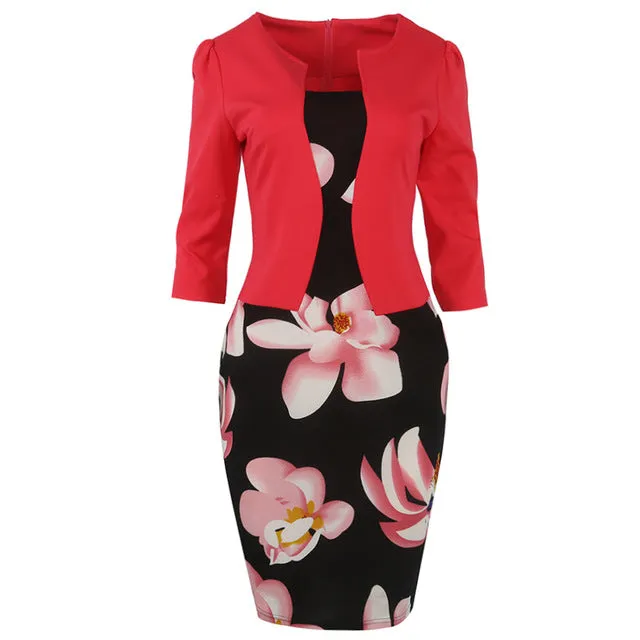 Fantaist Women One Piece Patchwork Floral Print Elegant Business Party Formal Office Plus Size Bodycon Pencil Casual Work Dress
