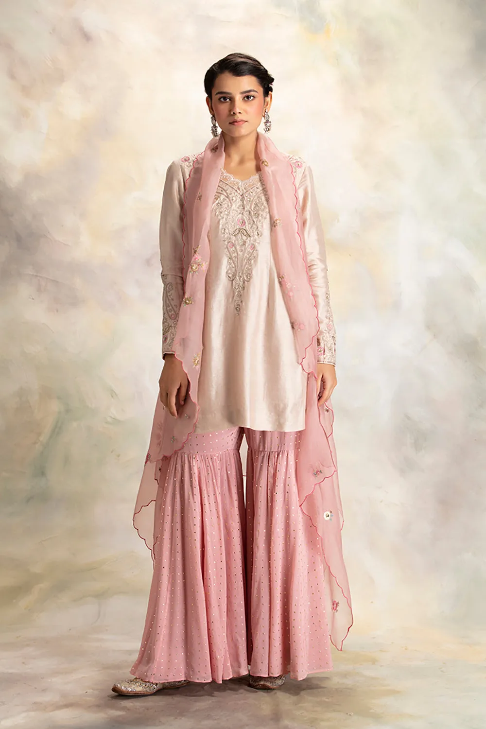 Graceful Toosh Embroidered Short Kurti With Sharara & Cape