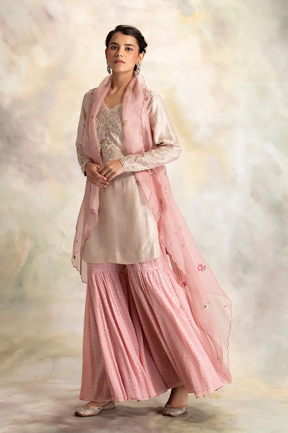 Graceful Toosh Embroidered Short Kurti With Sharara & Cape