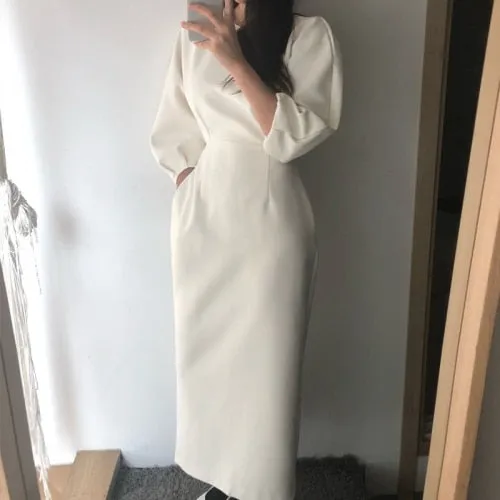 Graduation gift Women's Spring Autumn Elegant Business Midi White Dress Bat Sleeve Workwear Bodycon Slim Black Vestidos Female Fashion Clothes