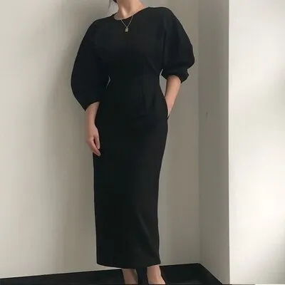 Graduation gift Women's Spring Autumn Elegant Business Midi White Dress Bat Sleeve Workwear Bodycon Slim Black Vestidos Female Fashion Clothes