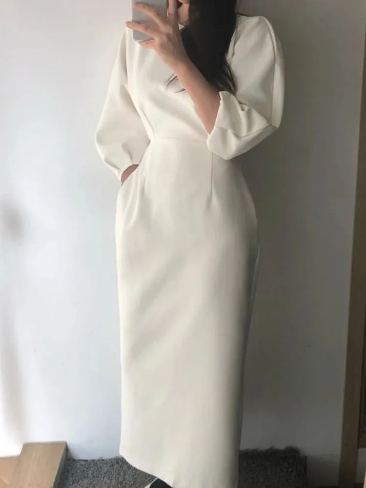 Graduation gift Women's Spring Autumn Elegant Business Midi White Dress Bat Sleeve Workwear Bodycon Slim Black Vestidos Female Fashion Clothes