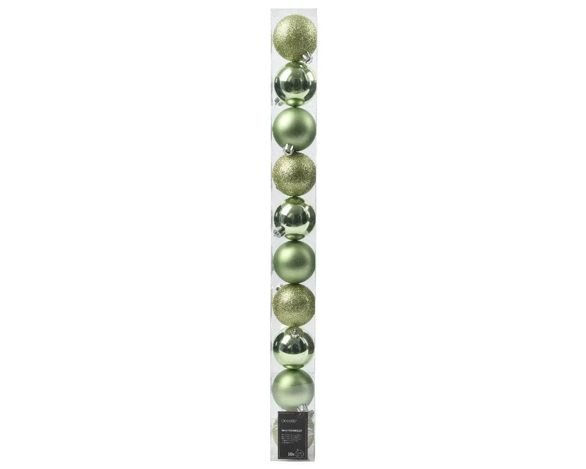 Green Tea Shatterproof Shiny, Matt & Glitter Baubles - 10 pack