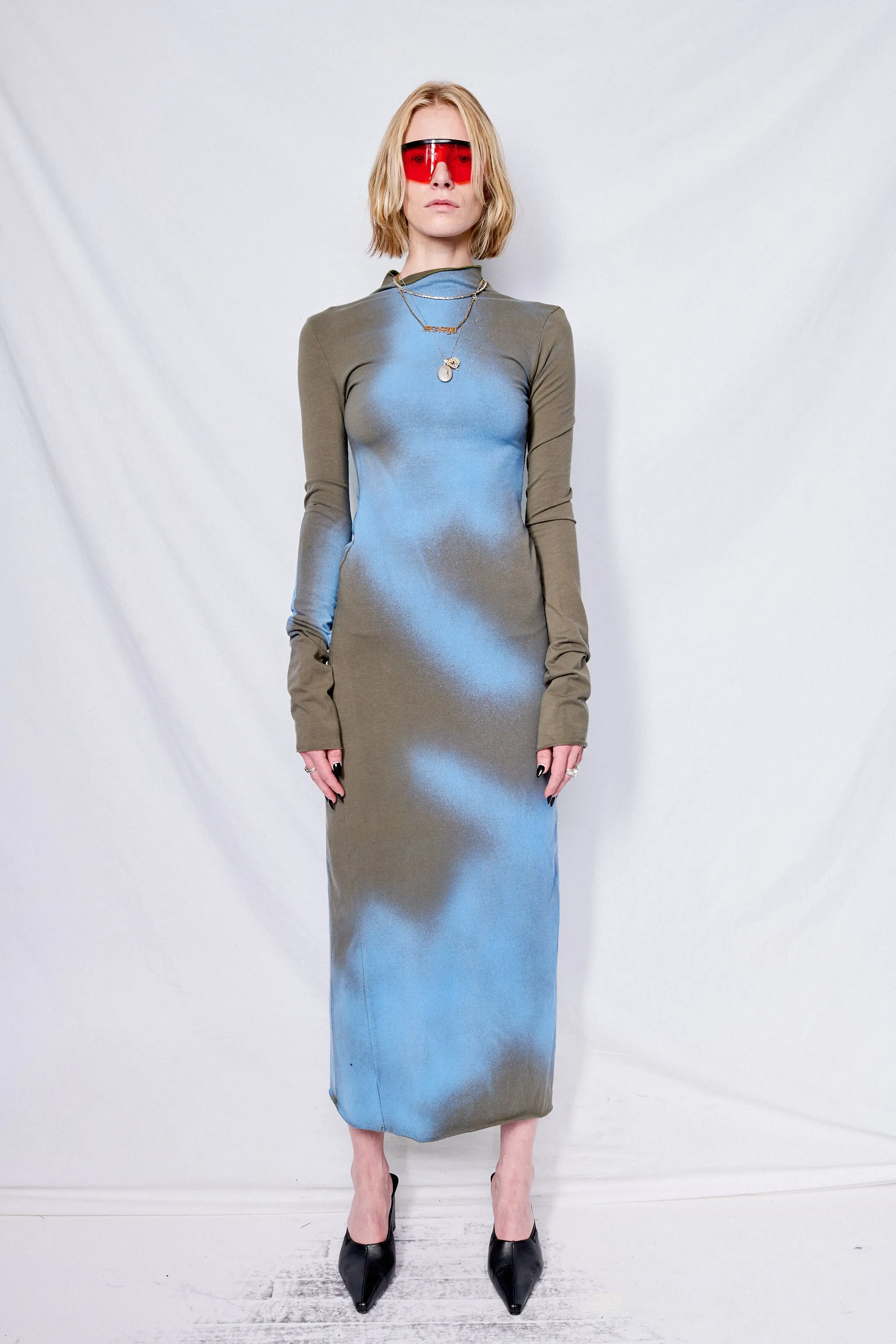 Green/Blue Airbrush Cotton Long Sleeve Mockneck Dress
