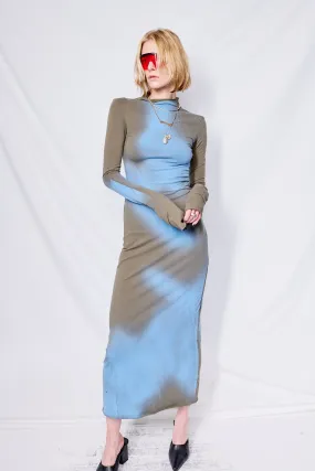 Green/Blue Airbrush Cotton Long Sleeve Mockneck Dress