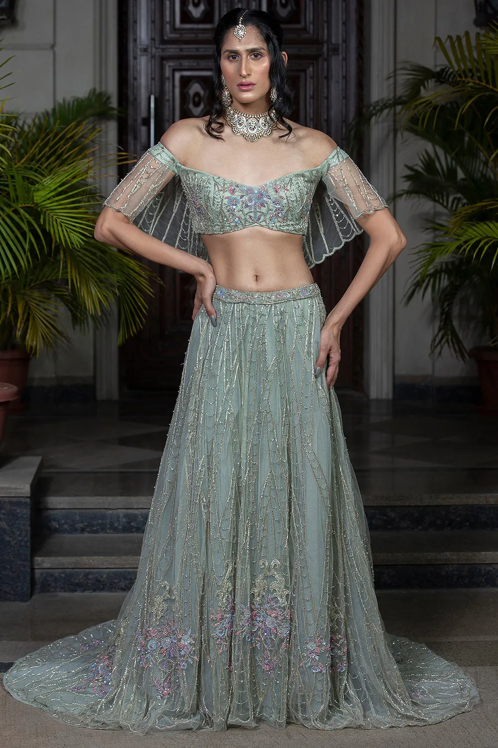 Hand Embroidered Sea Green Lehenga Set