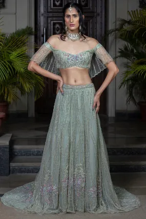 Hand Embroidered Sea Green Lehenga Set