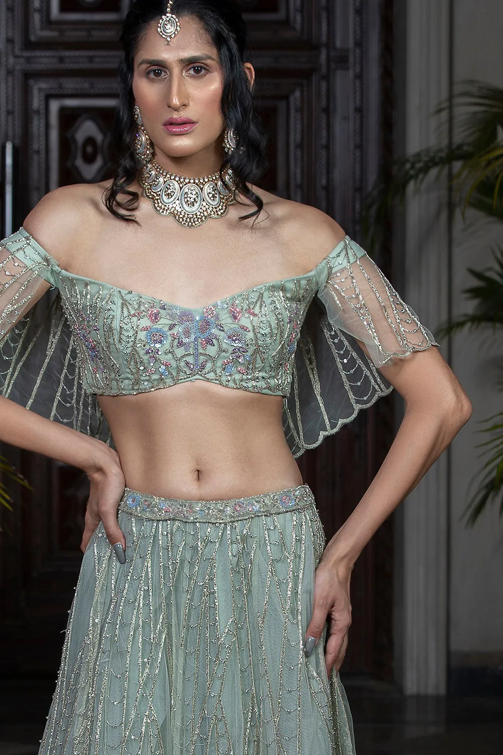 Hand Embroidered Sea Green Lehenga Set