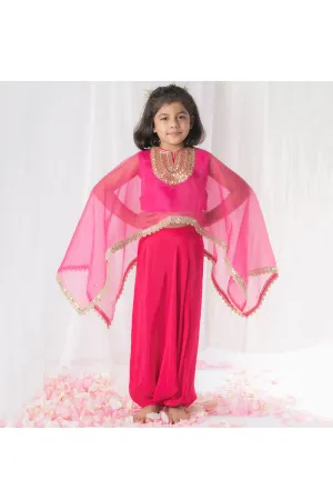 Hot Pink Top With Embroidered Lace Detailing Cape Set