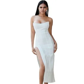 It Girl Date Bodycon Hourglass Midi Dress Strapless High Slit Shaper Bandage in White Size XS, S, M, L