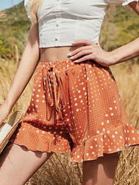 KittenAlarm - Tie Wide Loose High-waisted Elastic Tightening Ruffled Printed Polka-dot Shorts