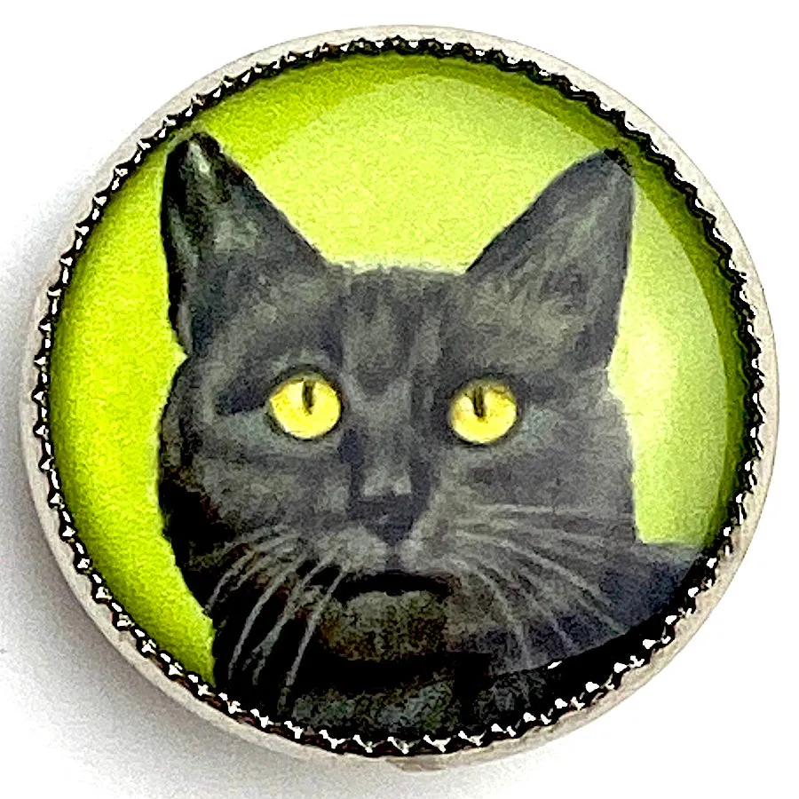 Last Ones, Cat Portrait, Black Kitty on Green 18mm Winky and Dutch 3/4" Shank Back Button