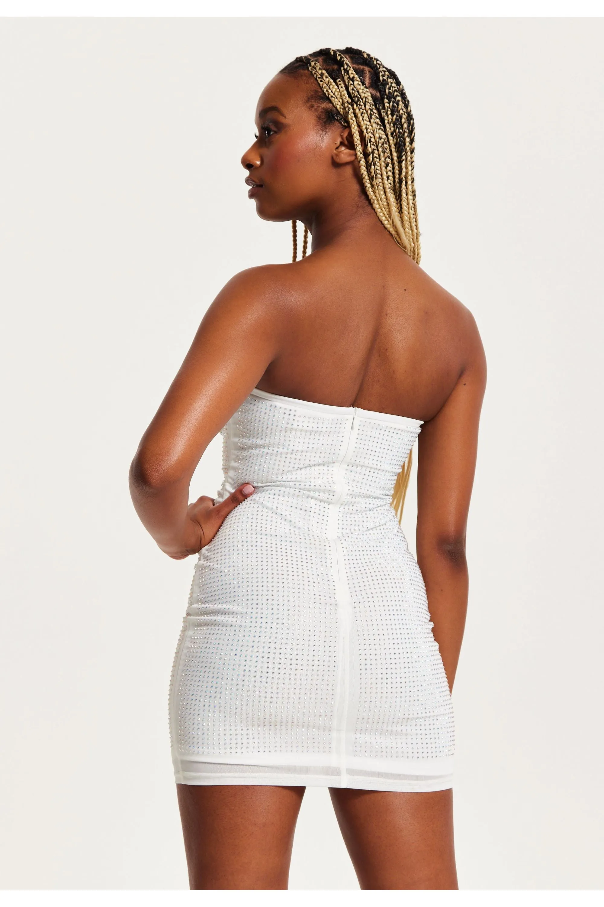 Liquorish Diamond Mesh Bandeau Mini Dress In White