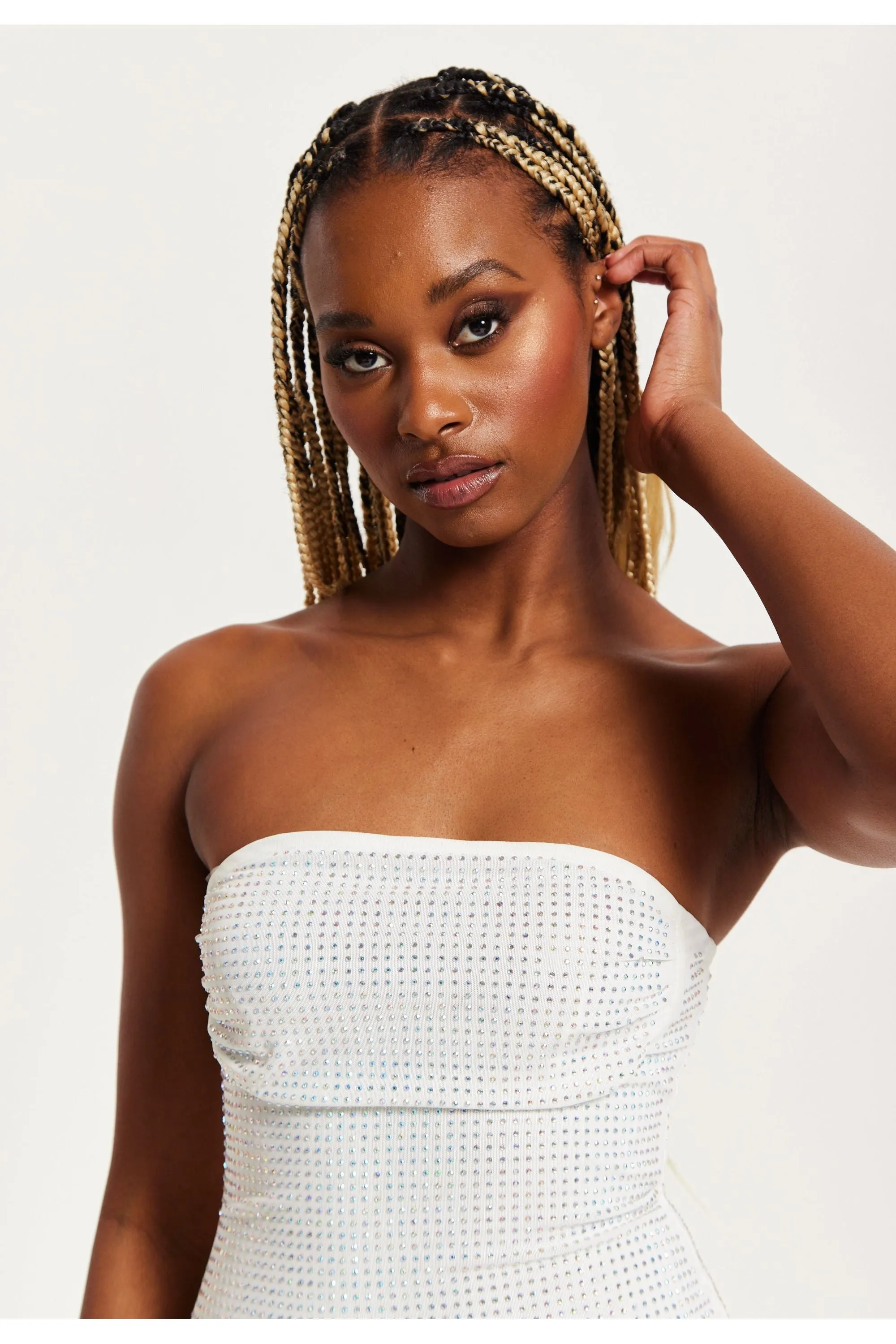Liquorish Diamond Mesh Bandeau Mini Dress In White