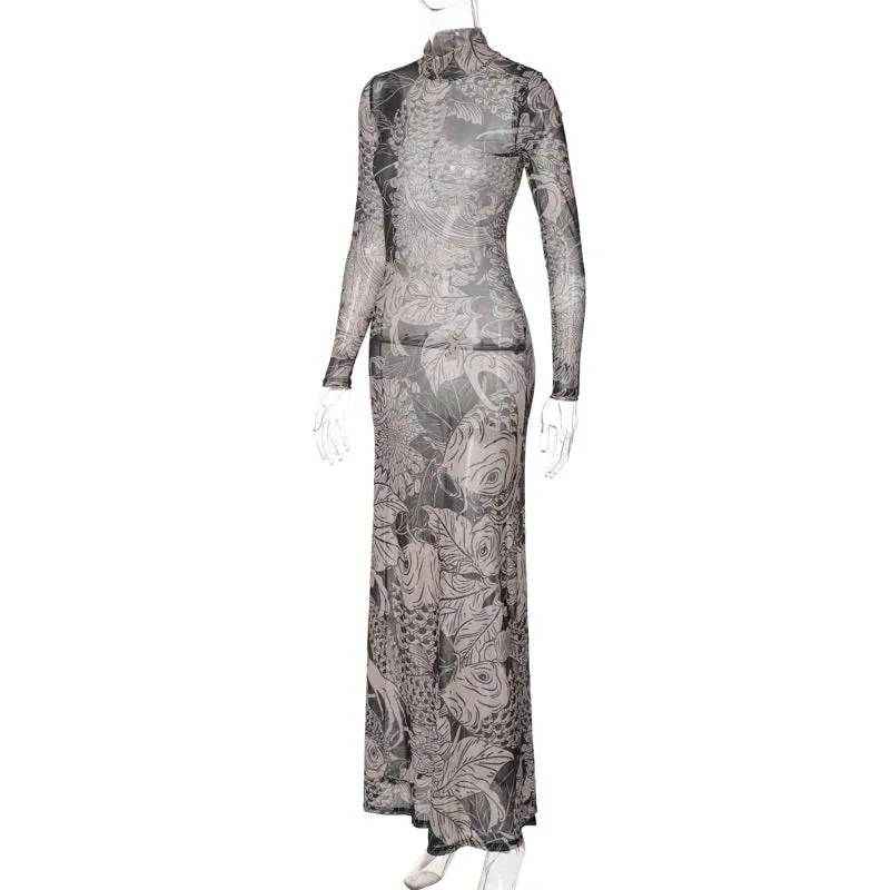 Long Sleeve Mesh Streetwear Bodycon Long Dress