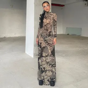 Long Sleeve Mesh Streetwear Bodycon Long Dress