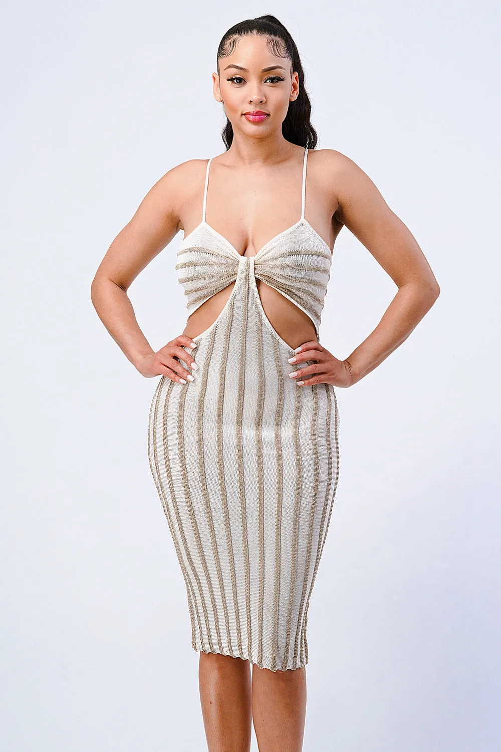 LUX METALIC STRIPE SIDE CUTOUTS BODYCON MIDI DRESS