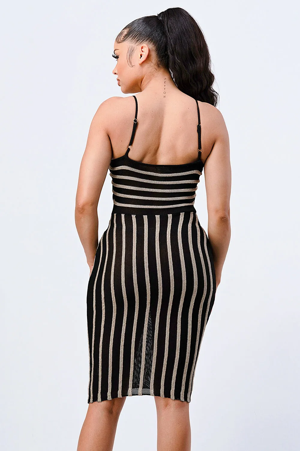 LUX METALIC STRIPE SIDE CUTOUTS BODYCON MIDI DRESS