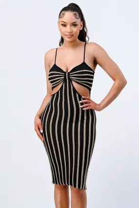 LUX METALIC STRIPE SIDE CUTOUTS BODYCON MIDI DRESS