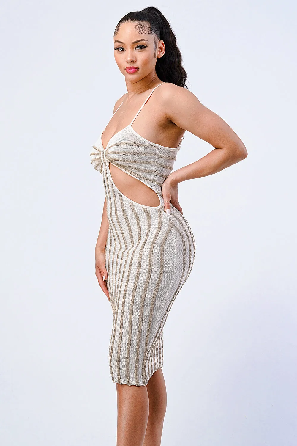 LUX METALIC STRIPE SIDE CUTOUTS BODYCON MIDI DRESS