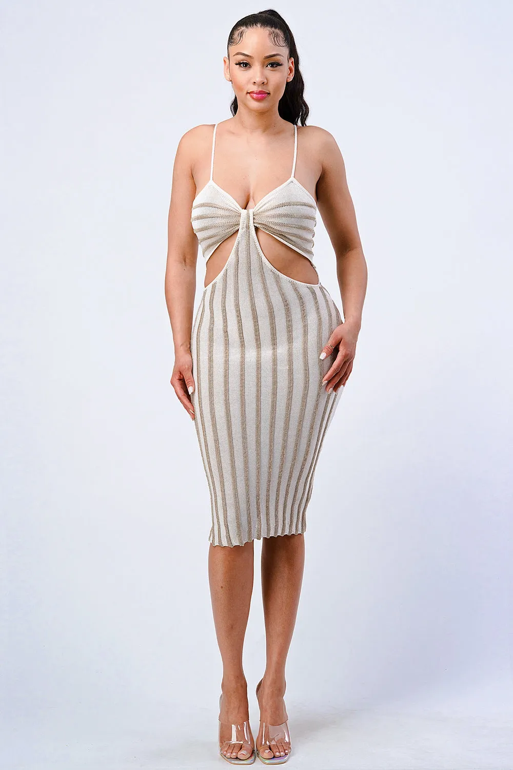 LUX METALIC STRIPE SIDE CUTOUTS BODYCON MIDI DRESS