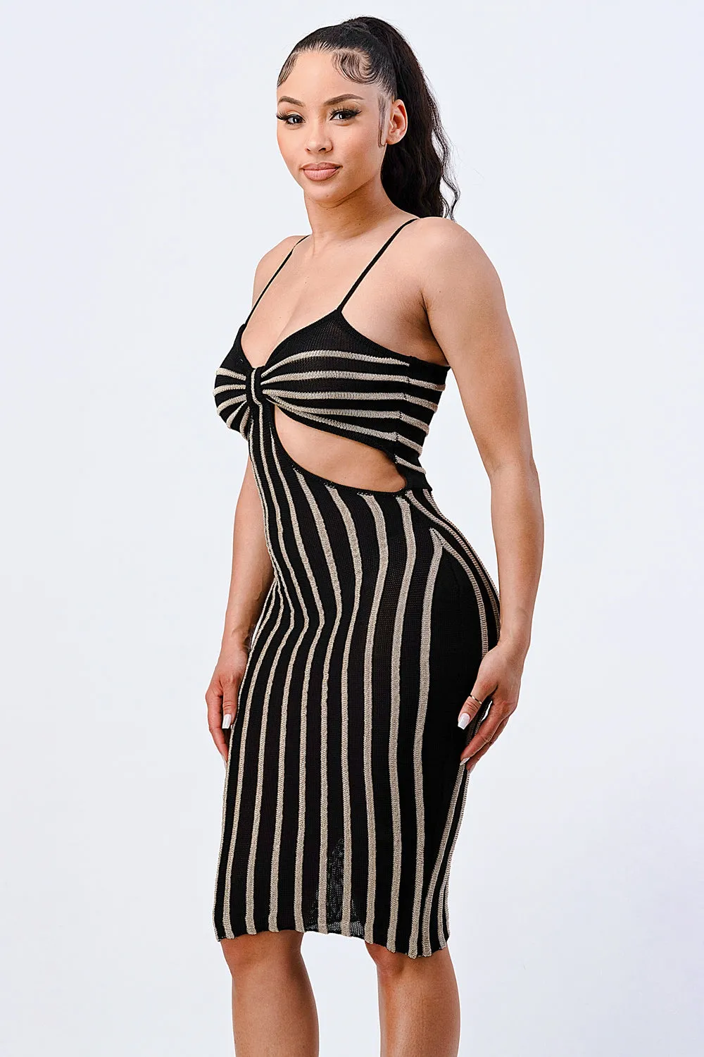 LUX METALIC STRIPE SIDE CUTOUTS BODYCON MIDI DRESS