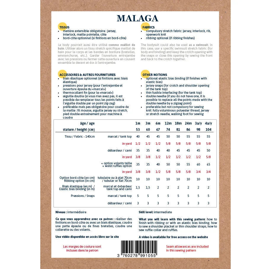MALMÖ   MALAGA bodysuits - Baby 1M/4Y - PDF Sewing Pattern