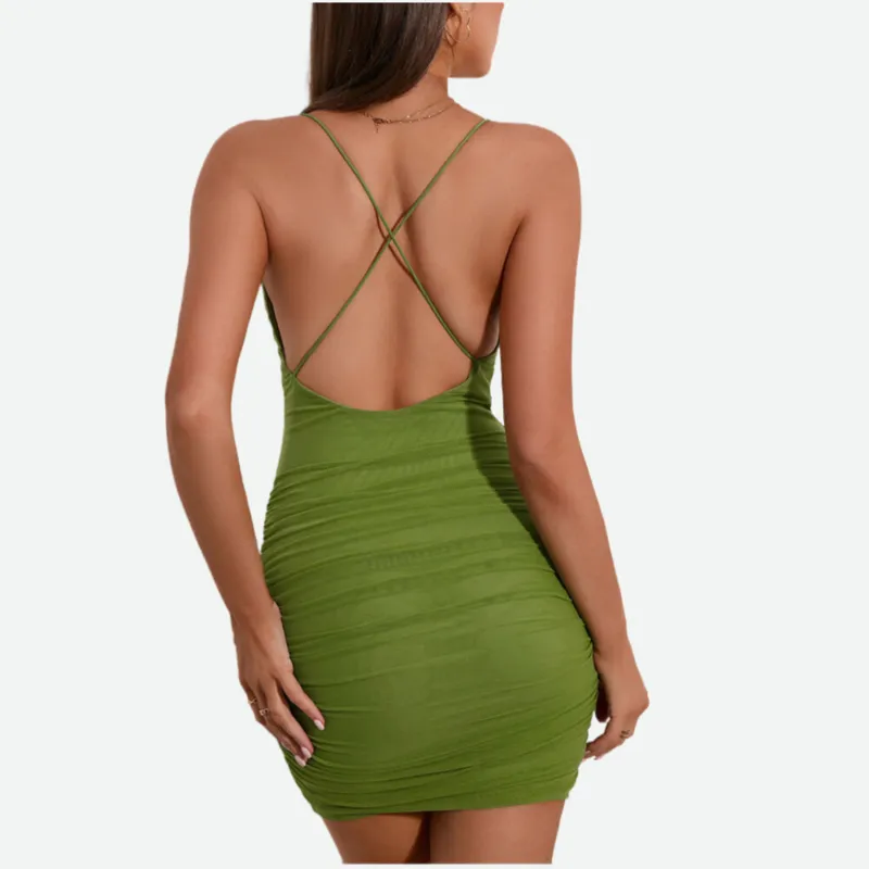 Mint Green Dress | Bodycon Fit Mesh Runched