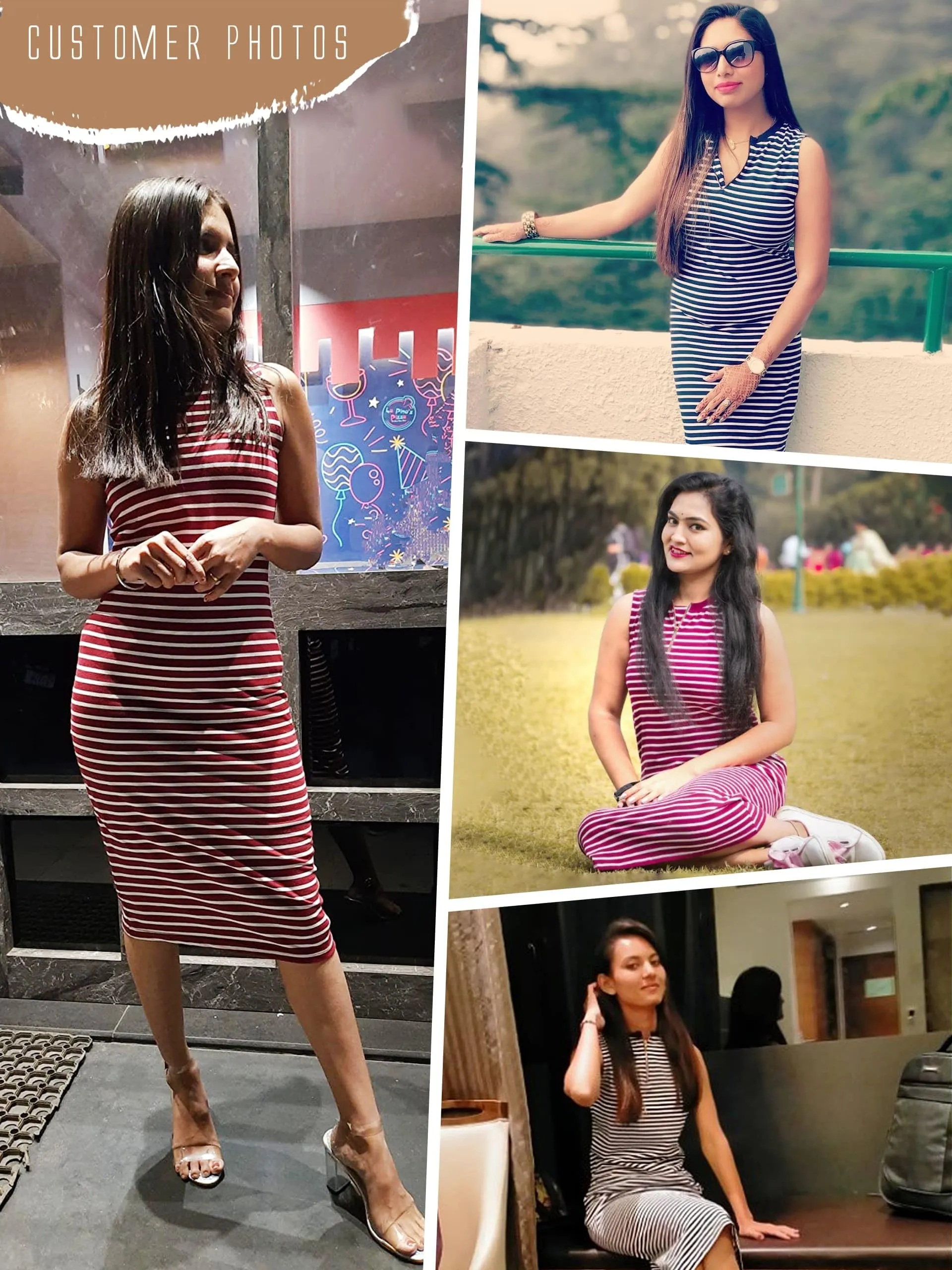Miss Chase Women's Comfortable Sleeveless Striped Midi Bodycon Dress with Zipper | 3 Colors(MCSS17D07-87-139-04,Maroon and White,Medium)