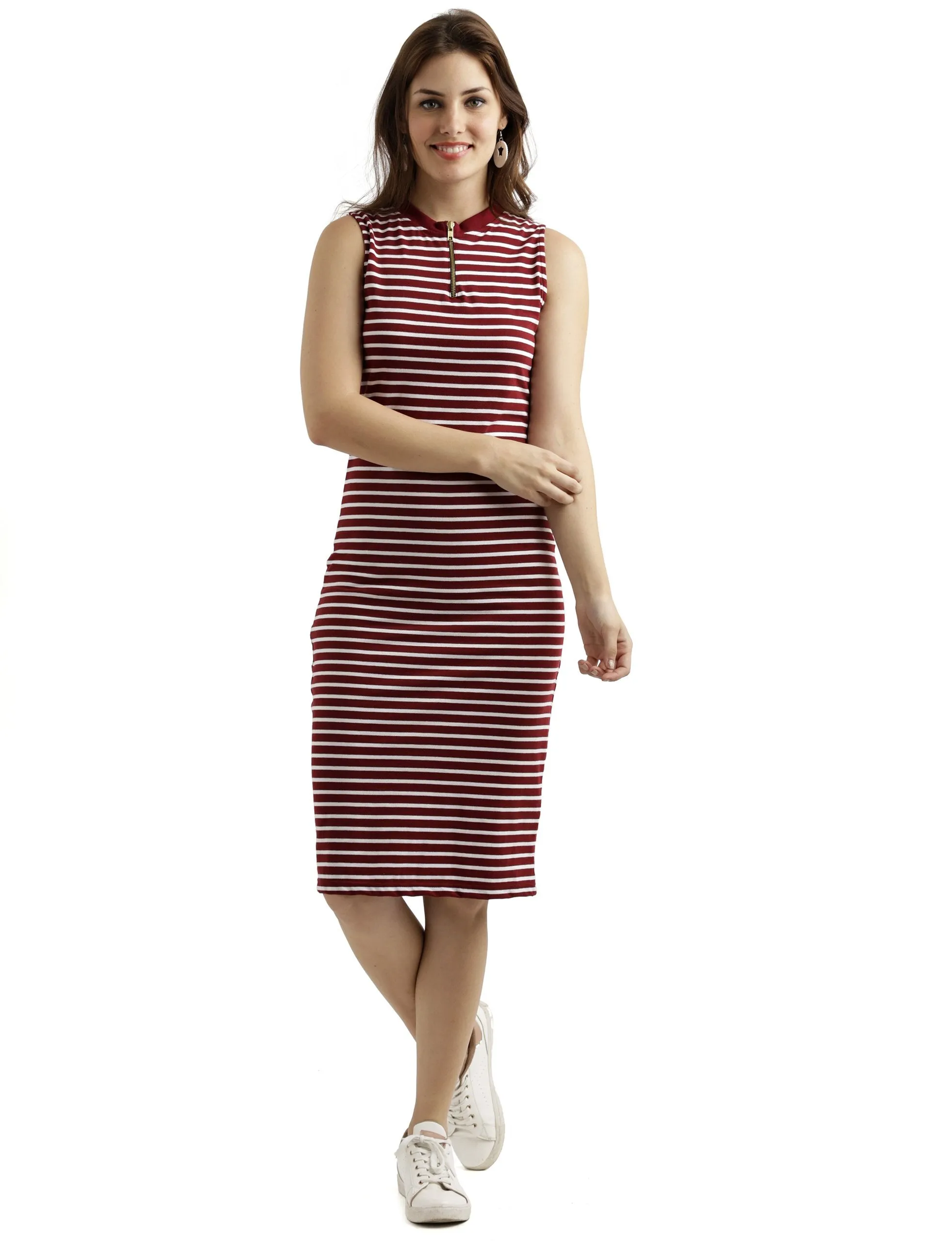 Miss Chase Women's Comfortable Sleeveless Striped Midi Bodycon Dress with Zipper | 3 Colors(MCSS17D07-87-139-04,Maroon and White,Medium)