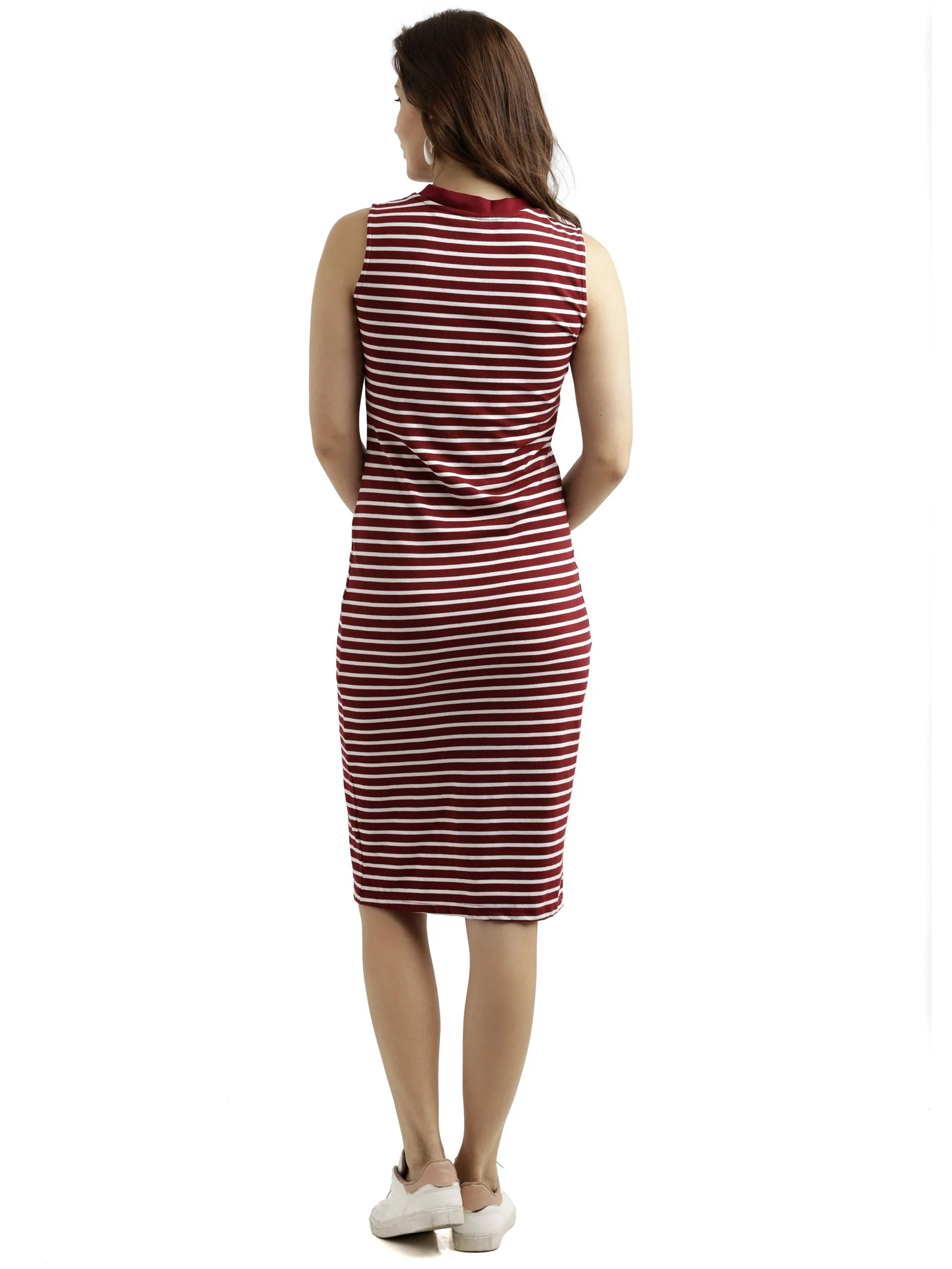 Miss Chase Women's Comfortable Sleeveless Striped Midi Bodycon Dress with Zipper | 3 Colors(MCSS17D07-87-139-04,Maroon and White,Medium)