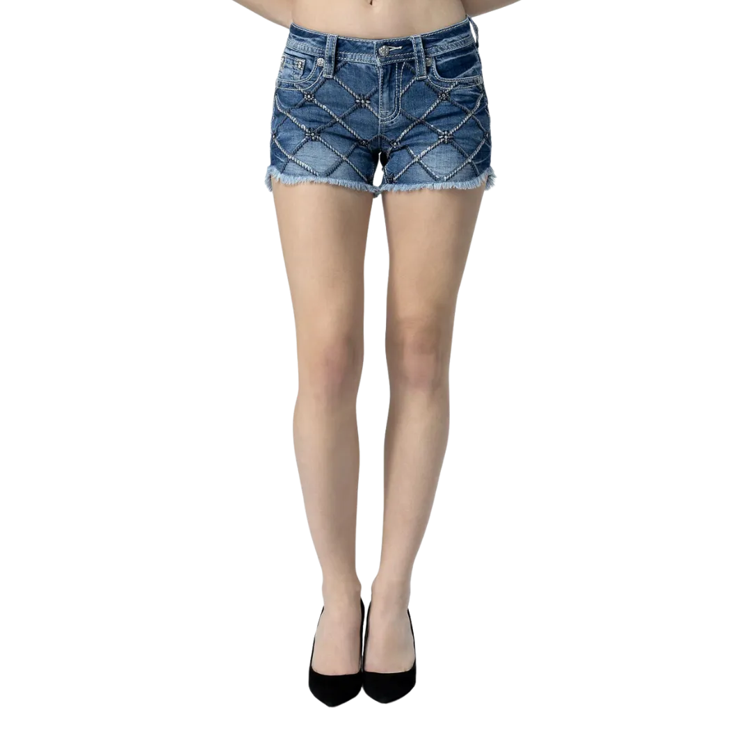 Miss Me Women's Criss Cross Sequin Medium Wash Shorts