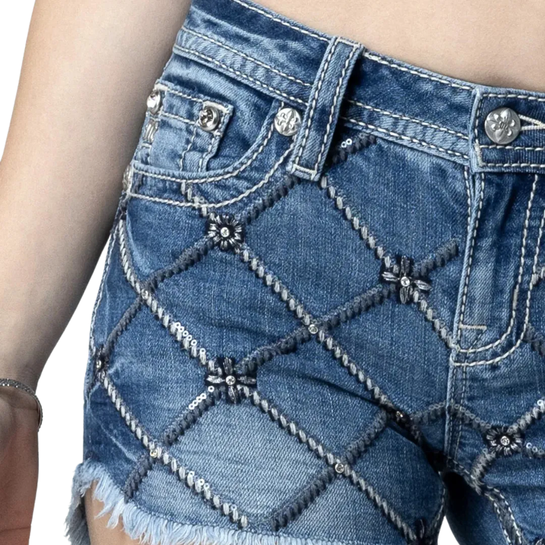 Miss Me Women's Criss Cross Sequin Medium Wash Shorts