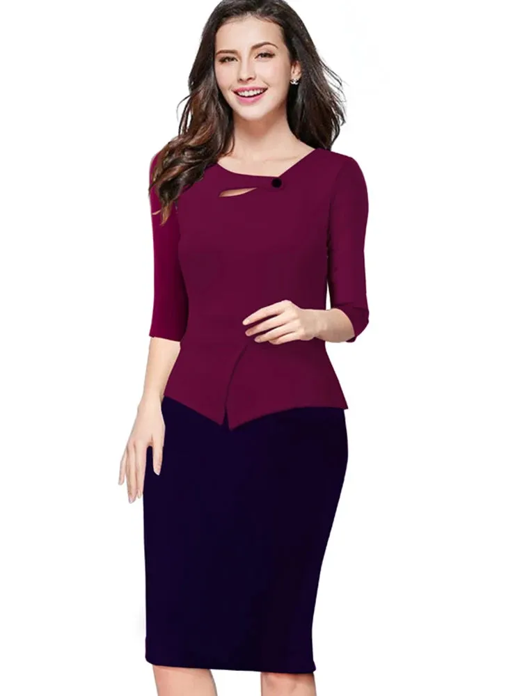 Nice-forever Autumn Print Floral Patchwork Button Casual Dress Business Three Quarter Zip Back Bodycon Summer Office Dress b288