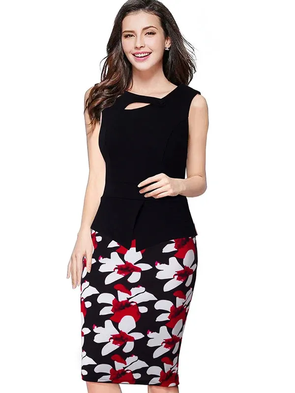 Nice-forever Autumn Print Floral Patchwork Button Casual Dress Business Three Quarter Zip Back Bodycon Summer Office Dress b288