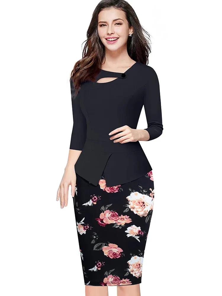 Nice-forever Autumn Print Floral Patchwork Button Casual Dress Business Three Quarter Zip Back Bodycon Summer Office Dress b288