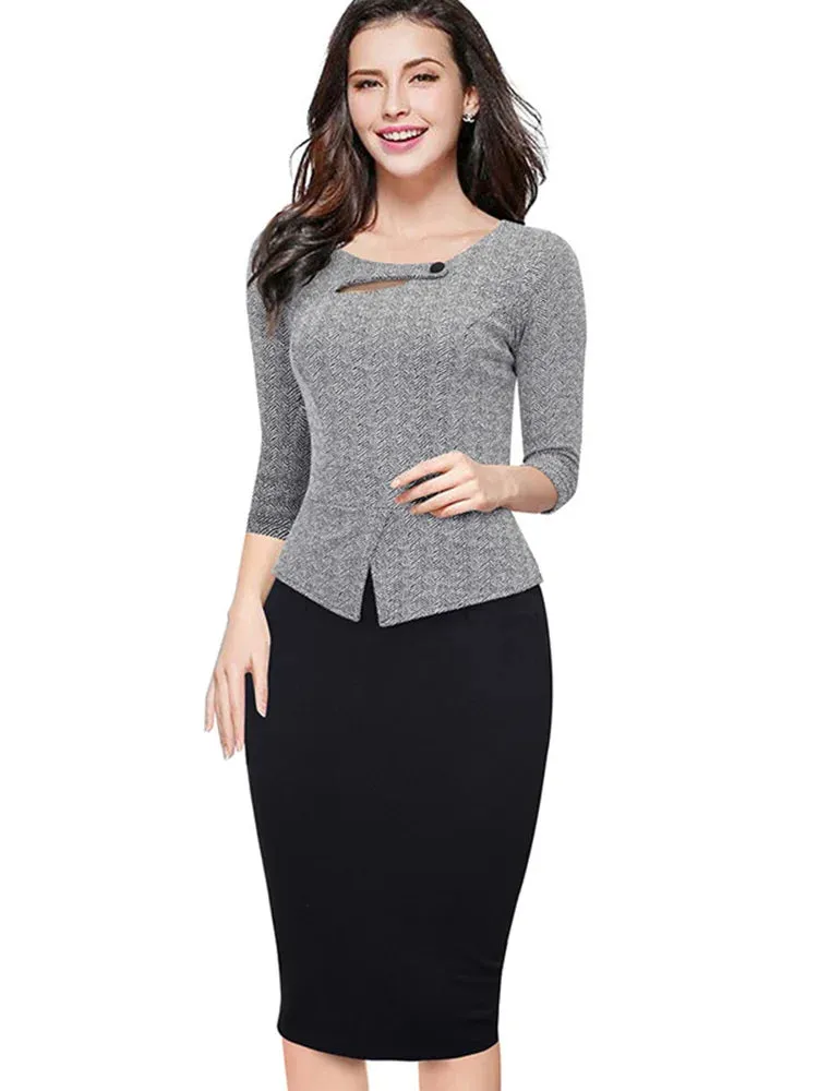 Nice-forever Autumn Print Floral Patchwork Button Casual Dress Business Three Quarter Zip Back Bodycon Summer Office Dress b288