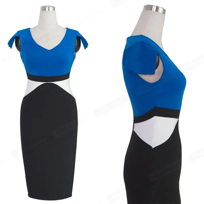 Nice-forever Elegant Contrast Color Patchwork Dresses Office Business Bodycon Sheath Women Dress bty998