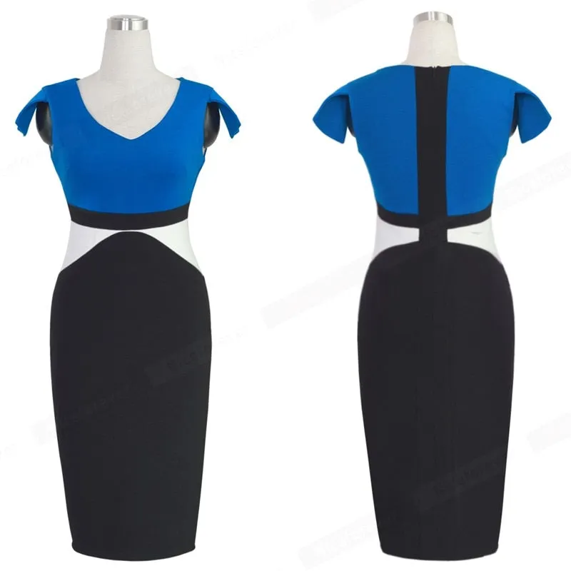 Nice-forever Elegant Contrast Color Patchwork Dresses Office Business Bodycon Sheath Women Dress bty998
