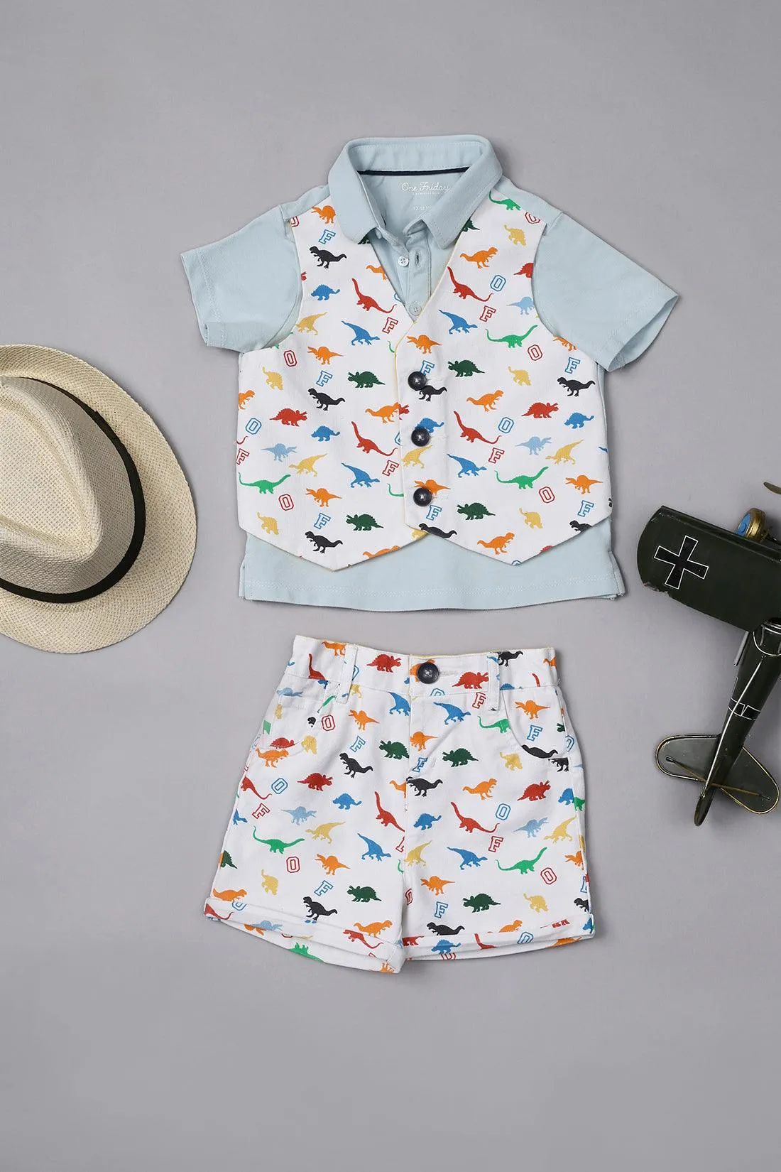 One Friday Baby Boys Blue Waistcoat attached Tee With Shorts Set