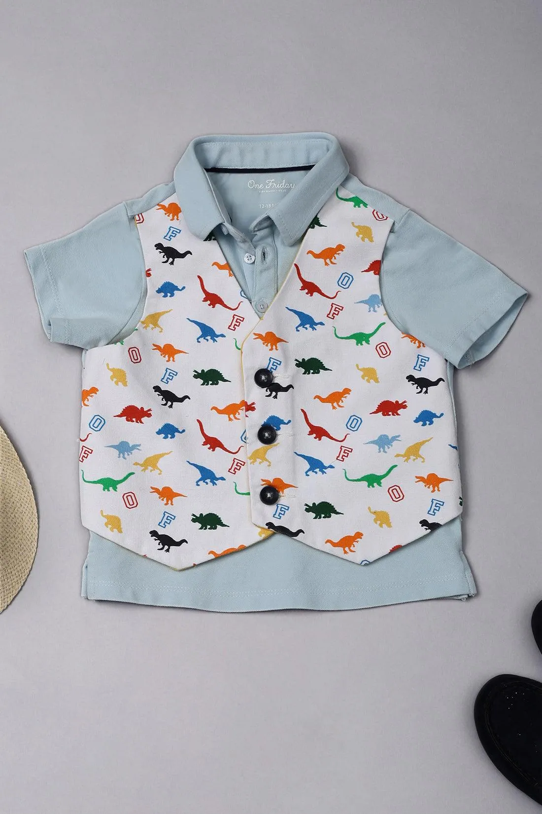 One Friday Baby Boys Blue Waistcoat attached Tee With Shorts Set