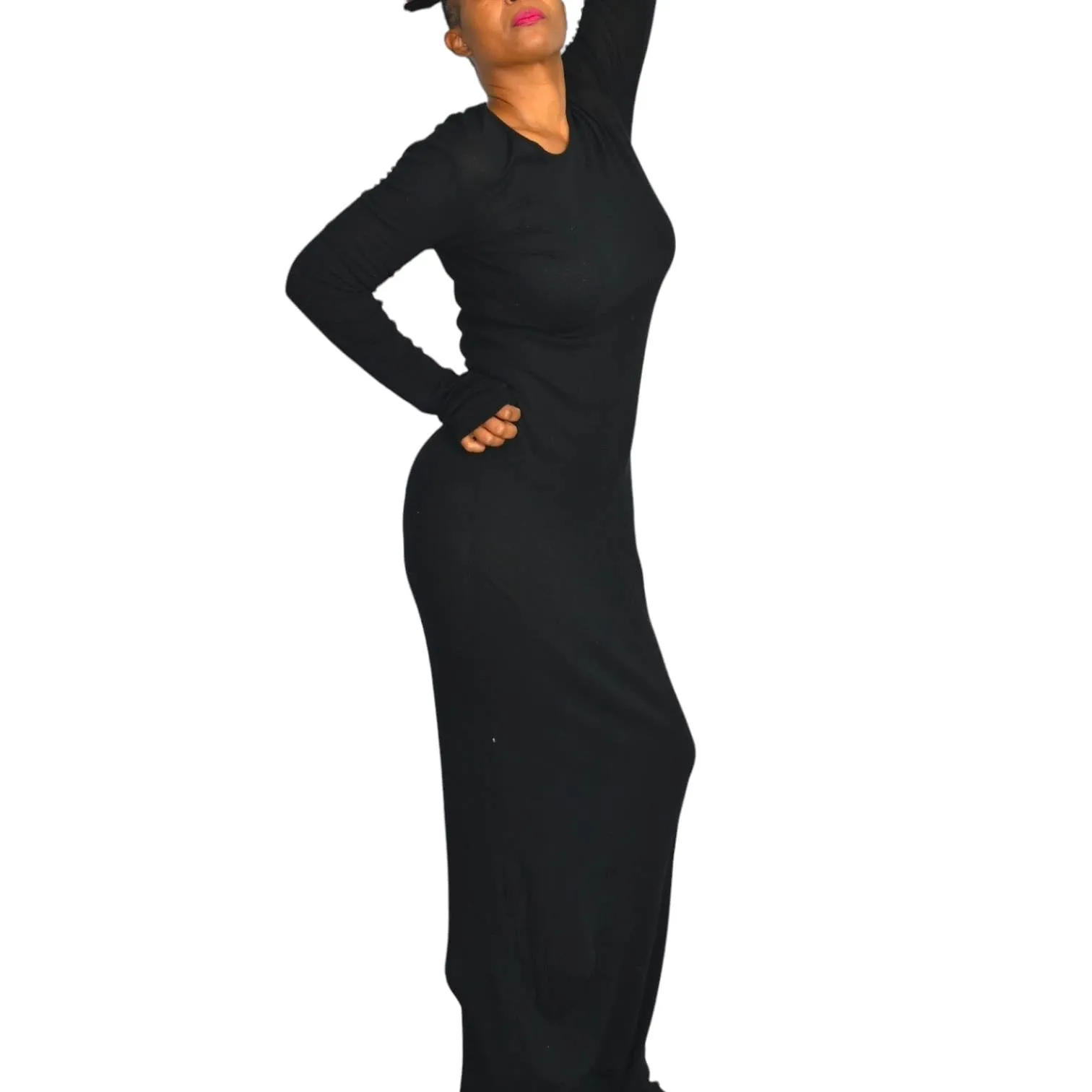 Our Legacy Ribbed Knit Dress Black Jersey Maxi Thermal Sheer Thin Stretch Cotton Size Medium
