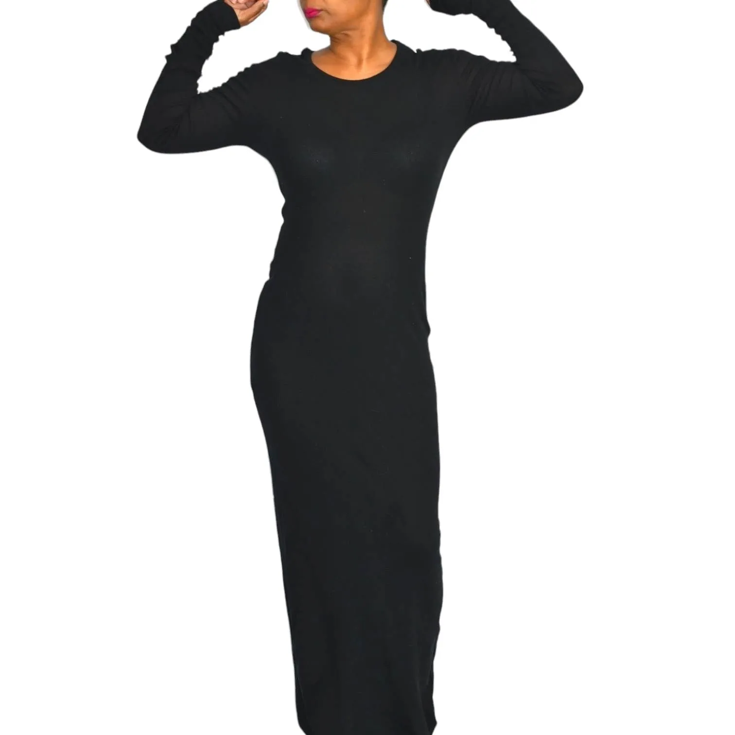 Our Legacy Ribbed Knit Dress Black Jersey Maxi Thermal Sheer Thin Stretch Cotton Size Medium