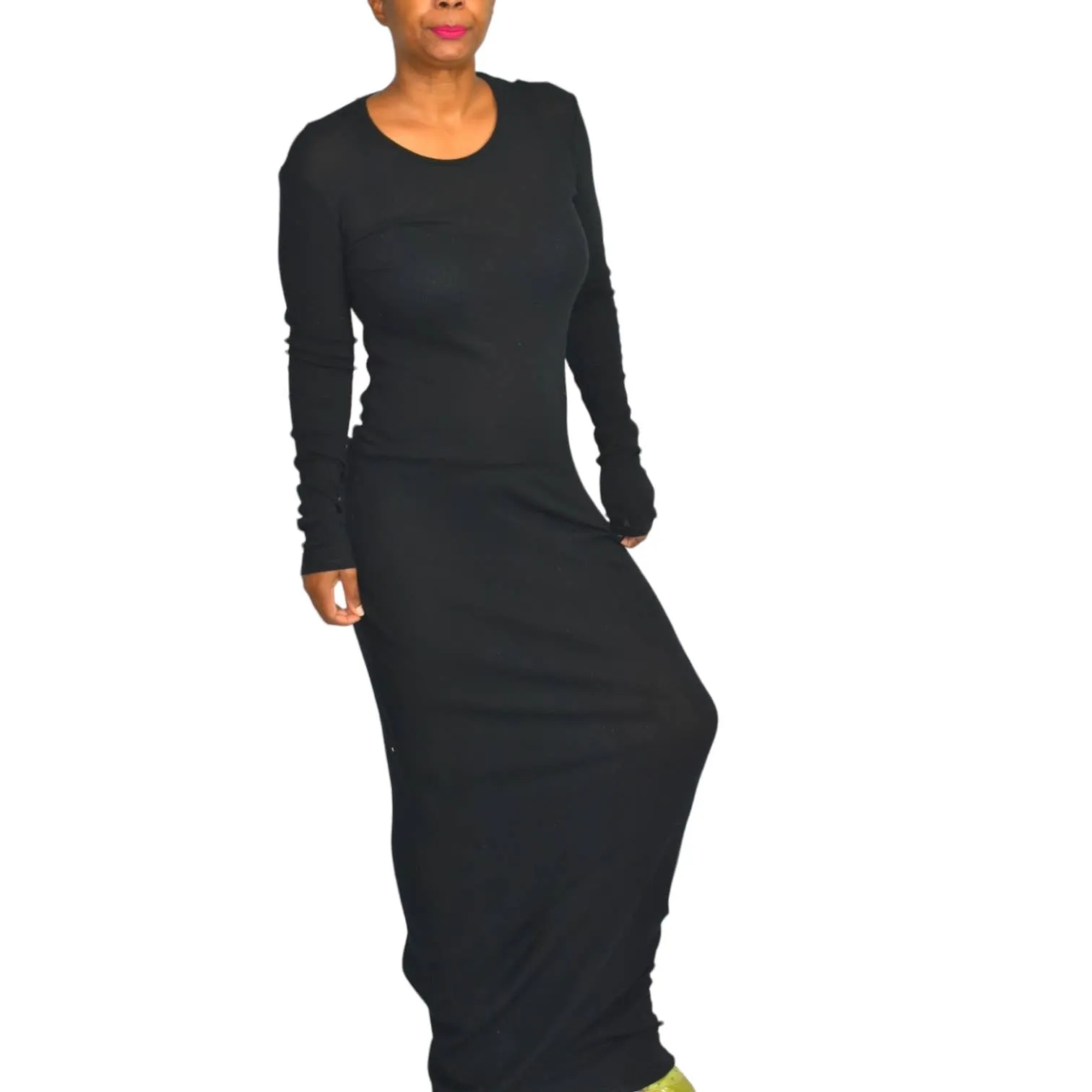 Our Legacy Ribbed Knit Dress Black Jersey Maxi Thermal Sheer Thin Stretch Cotton Size Medium