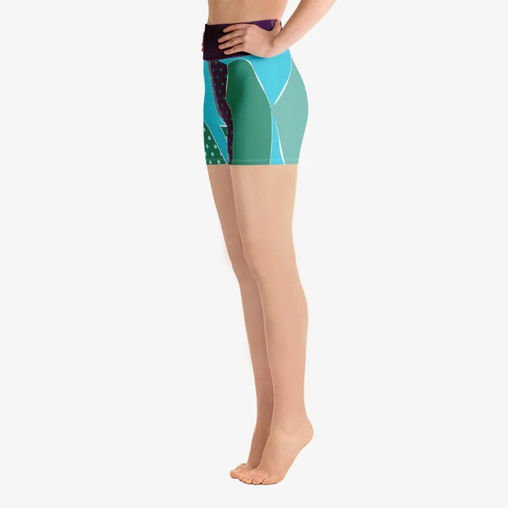Patterned Yoga Shorts "Collage" Cyan/Plum
