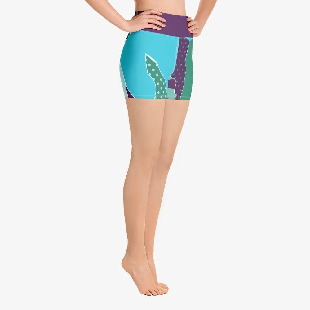 Patterned Yoga Shorts "Collage" Cyan/Plum